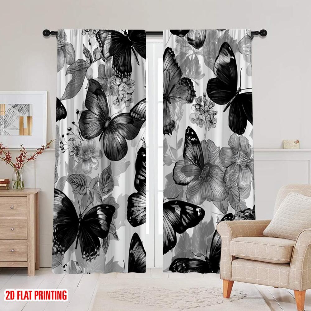 2pcs,2D Plane Printing Popular Curtain Panels Monochrome Butterflies Versatile Fabric (without Rod) Gifts for Bedroom, Living