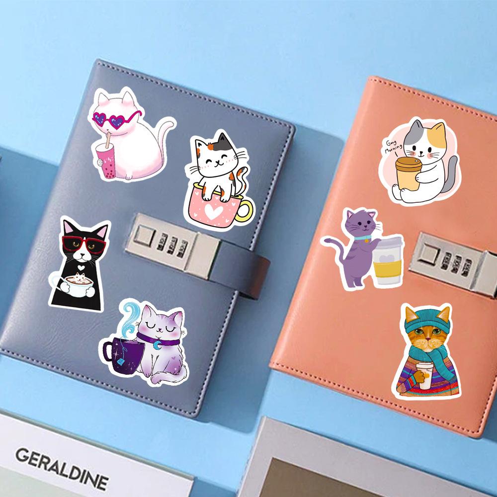 50 PCS Cartoon Hand-painted Cat Coffee Stickers Decals Laptop Mobile Phone Luggage Skateboard iPad Children's Toys Waterproof St