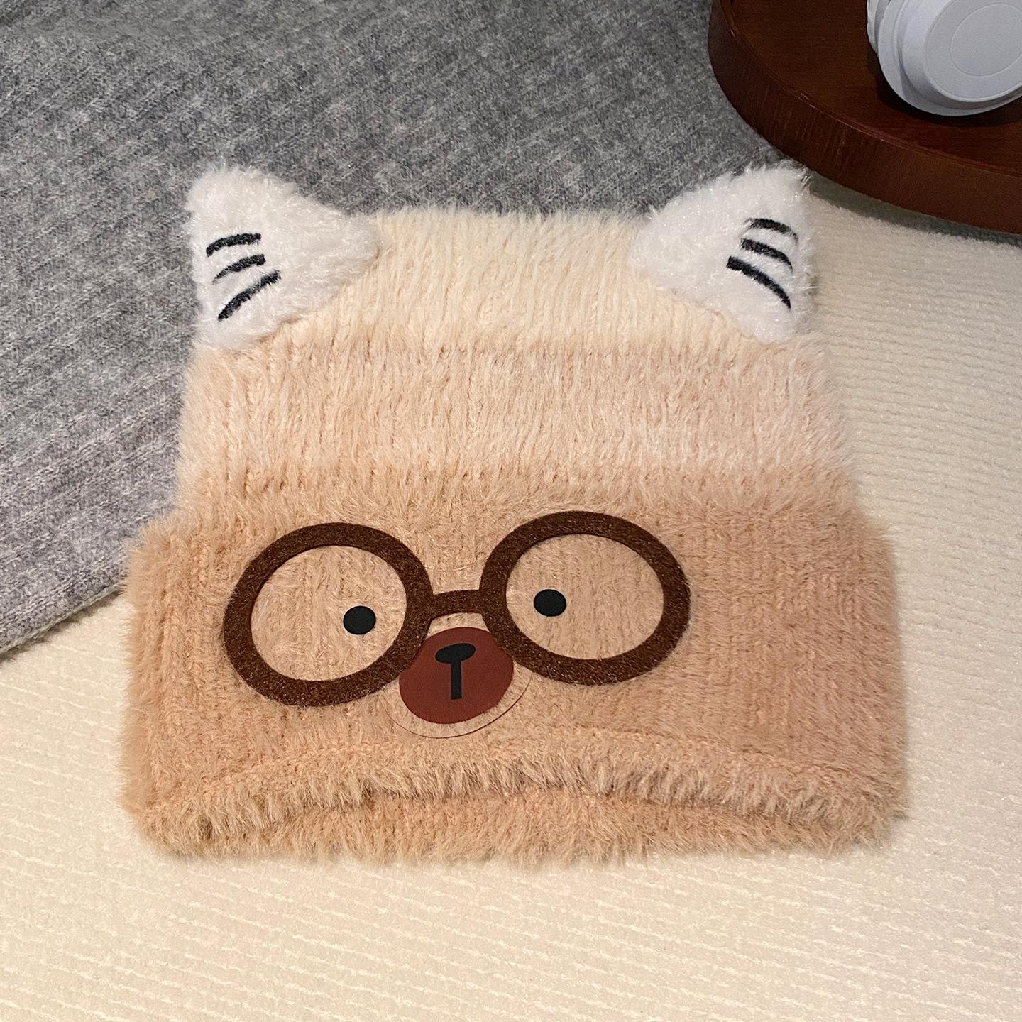 

Cute glasses cat ears bear ears plush pullover hat women s new thickened warm face small knitted wool hat One size хакі