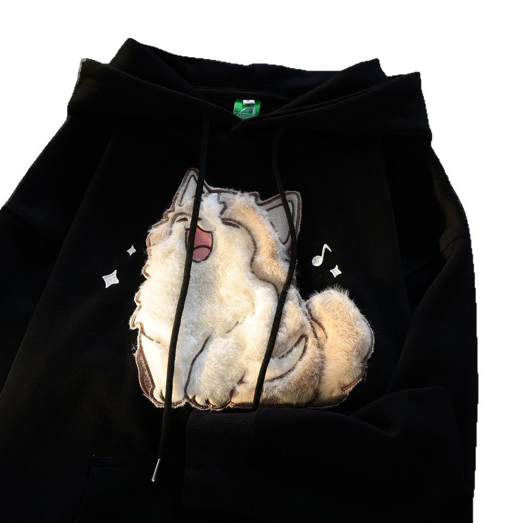 Cute kitten plush embroidered hooded sweater men's and women's season loose sweet college style niche coat