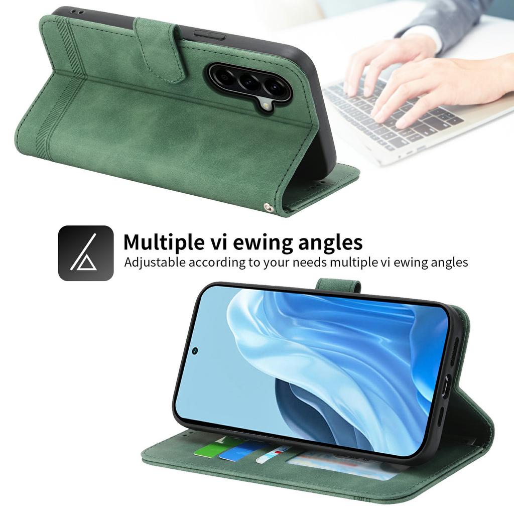 DIERFENG DF-03 For Samsung Galaxy A57 5G Case Lines Imprint Wallet Leather Phone Cover with Wrist Strap