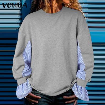 Women Fashion Round Neck Striped Ruffle Long Sleeve Sweaters