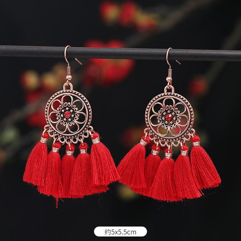 Vintage Bohemian Red Tassel Earrings Female Long Temperament Earrings Vacation Photography Bridal Earrings