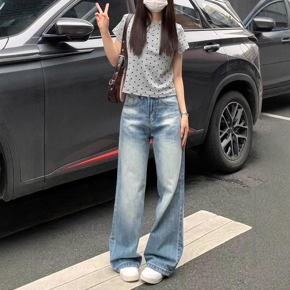 Comfortable Light Blue High Waist Straight Jeans Women Design Sense Embroidery Loose Skinny Drape Wide Leg Trousers Jeans for Women Long Denim Pants