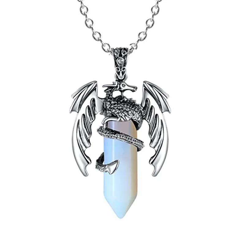 European and American Animal Dragon Man Necklace  Pink Quartz Hexagonal Crystal Pendant Vintage Men Women Pendant Jewelry