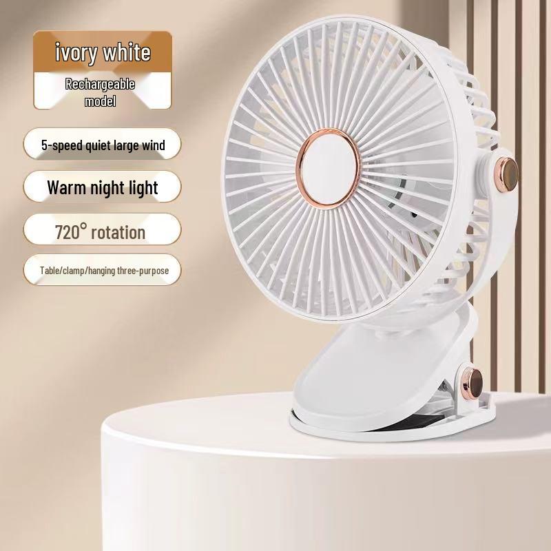 Portable Rechargeable Silent Night Light Mini Clip-on Fan for Desk, Dorm, Stroller, or Bed