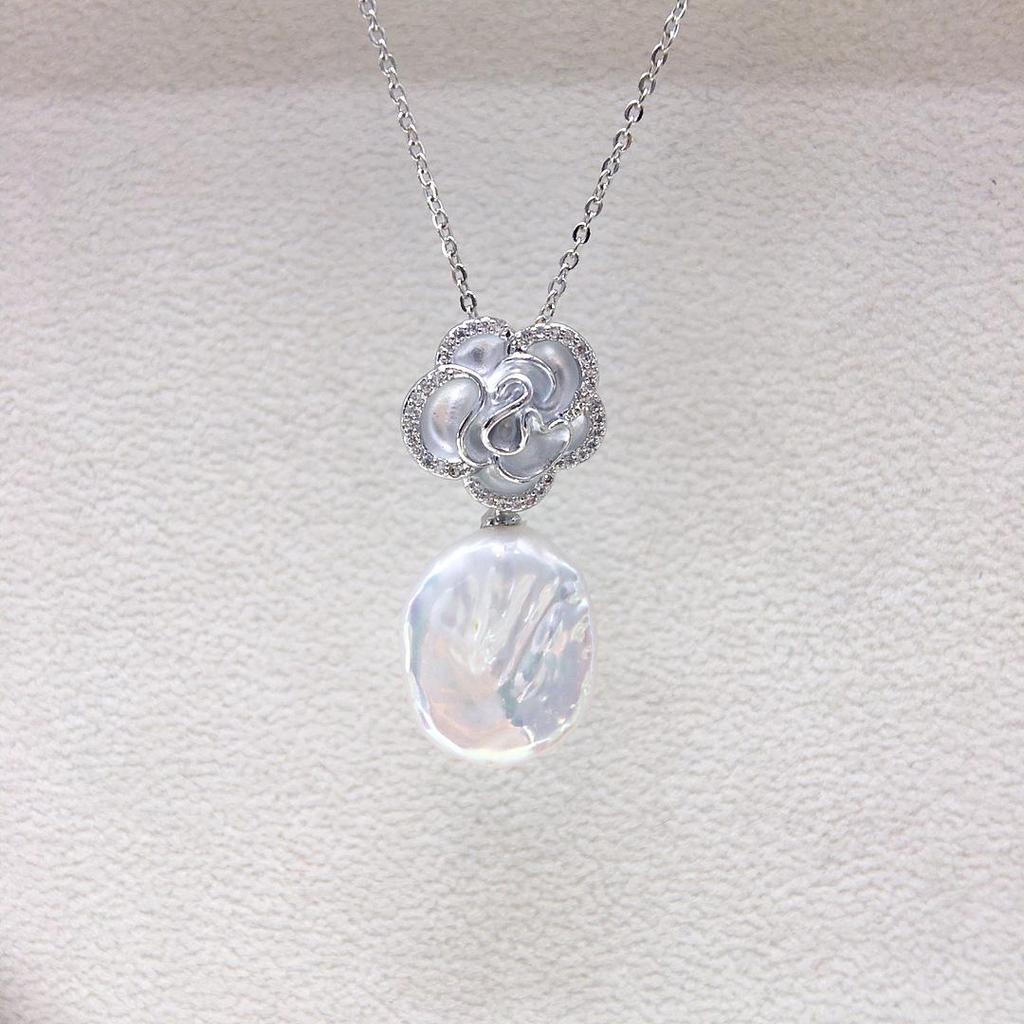 Zhuji Classic Camellia Baroque Pearl Pendant Necklace with Micro-Paved Zircon