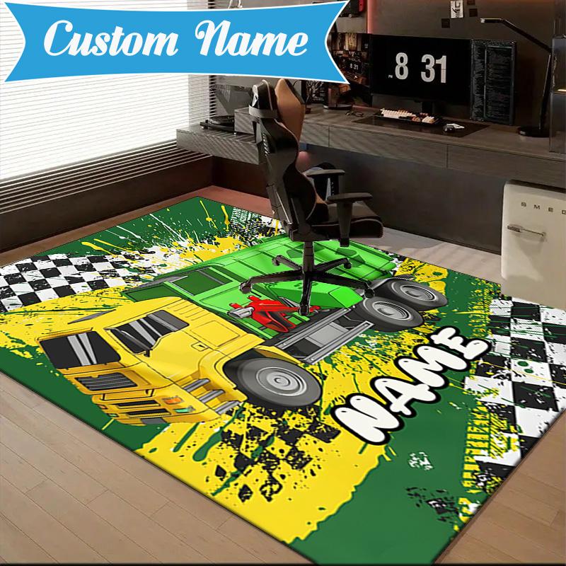 Custom Name Cartoon Excavator Rug for Living Room, Game Rooms, Office, Bedroom, Floor Mat Playful Design, fan gifts Christmas decor