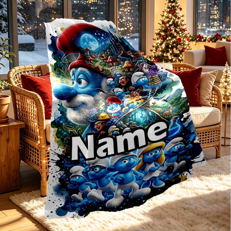 Custom Name Personalized Blue Smurfs Print Blanket, Home Decor, Bedroom, Sofa, Camping, Couch, Gifts for Birthday Christmas