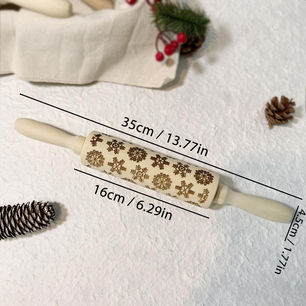 Wooden Rolling Pin for Christmas, 3D DIY Engraved Embossing Rolling Pins with Xmas Reindeer Flower Pattern, for Baking Cookies