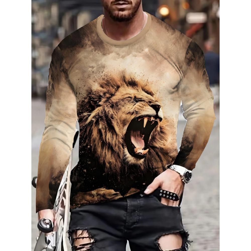 

Осенний топ с круглым вырезом и 3D-принтом с животным узором, модная повседневная мужская футболка с длинным рукавом S