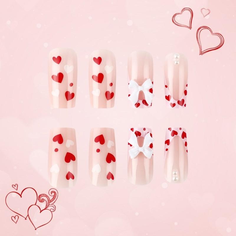 24Pcs Medium Square Stick on Nails with Elegant Bows Charms Press on Nails False Nail Manicure for Special Occasion