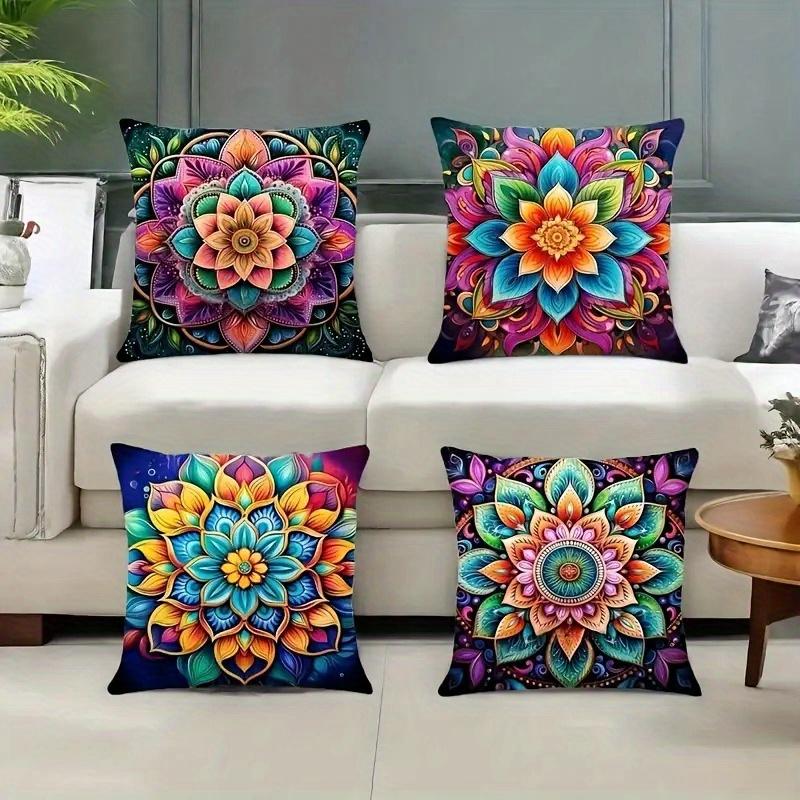 Jmg Clothing Unisex 4Pcs Mandala Bohemian Double-Sided Printed Pillow Cover Short Plush Suitable Living Rooms Bedrooms Sofas Throw Cushion Cover