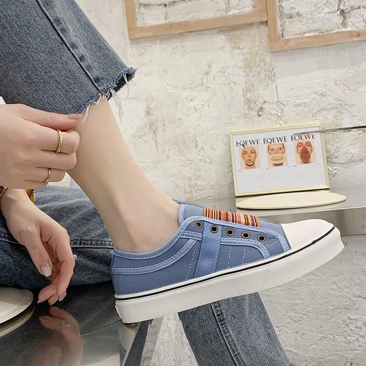 Large size women's shoes wish2025 new round head elastic canvas shoes women's flat casual single shoe size