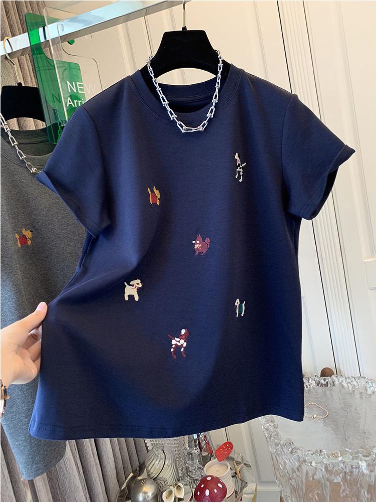 

Жіноча футболка з коротким рукавом у європейському стилі, дуже велика, з вишивкою, мультяшна - Універсальний топ вільного крою для весни та осені 4XL темно-синього кольору