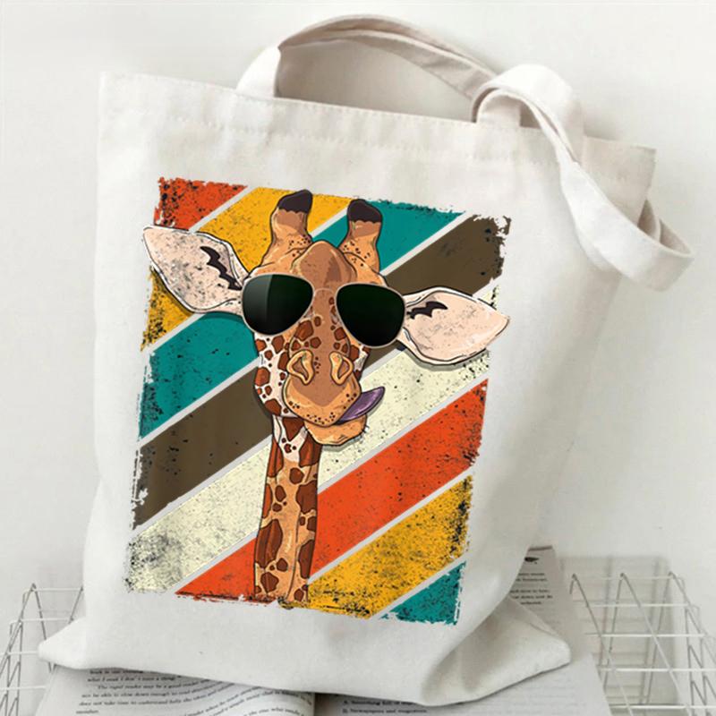 Shopping Bag Giraffe Fashion Cartoon Canvas Portable Tote Bag Women Men Street Aesthetics Style Giraffe Reusable Student Handbag