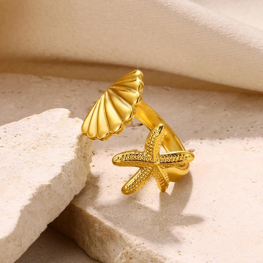 Vintage Starfish Shell Rings For Women Gold Color Stainless Steel Shell Openning Ring Wedding Ocean Summer Jewelry Gift