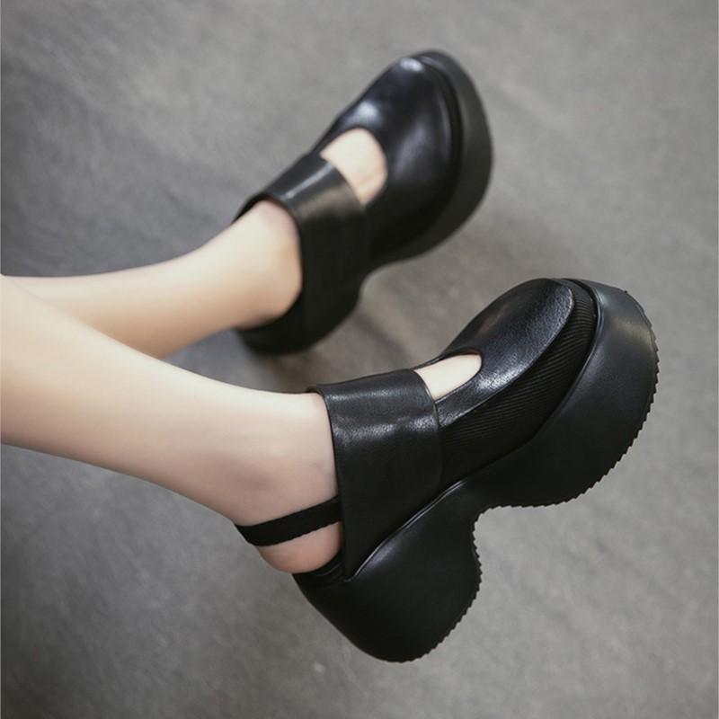 Johnature Sandale Retro cu Vârf Rotund și Talpă Groasă Versatile din Piele Naturală cu Toc Gros Pantofi cu Platformă pentru Femei