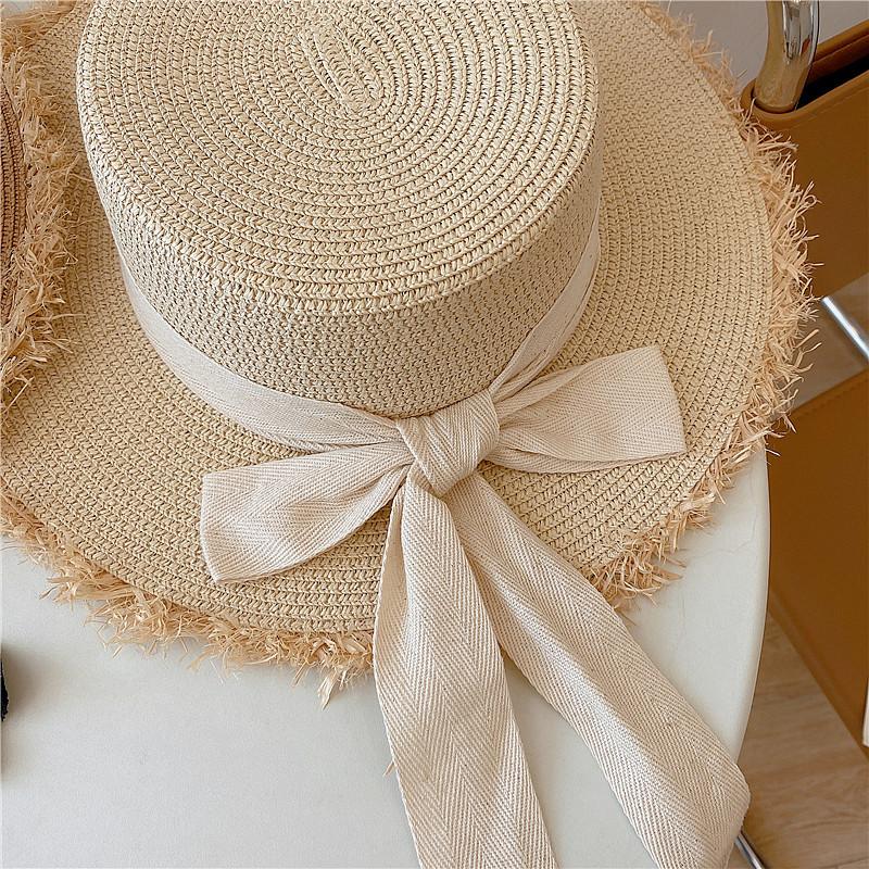 Versatile Burr Straw Hat Women'S Summer Flat Top Travel Sun Hat Small Fresh Bow Sunshade Beach Hat