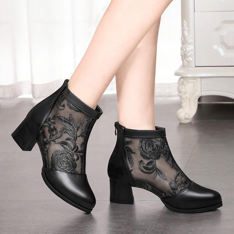 Women's Ethnic Style Mesh Boots - Semi-Closed Toe, Chunky Heel, Embroidered Spring/Summer 2024 Sandals