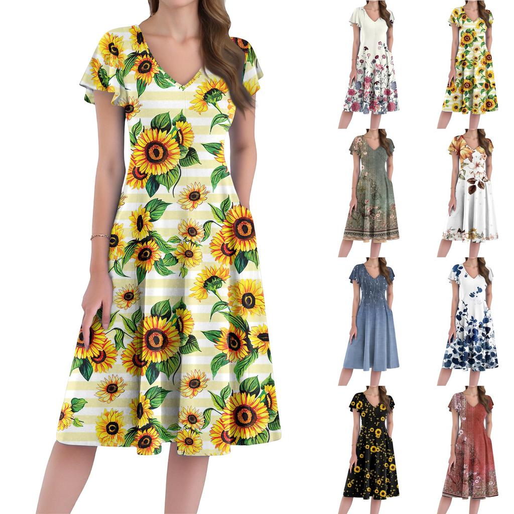 Women's Casual Fashion V-neck Short Sleeve Print Dress With Pockets