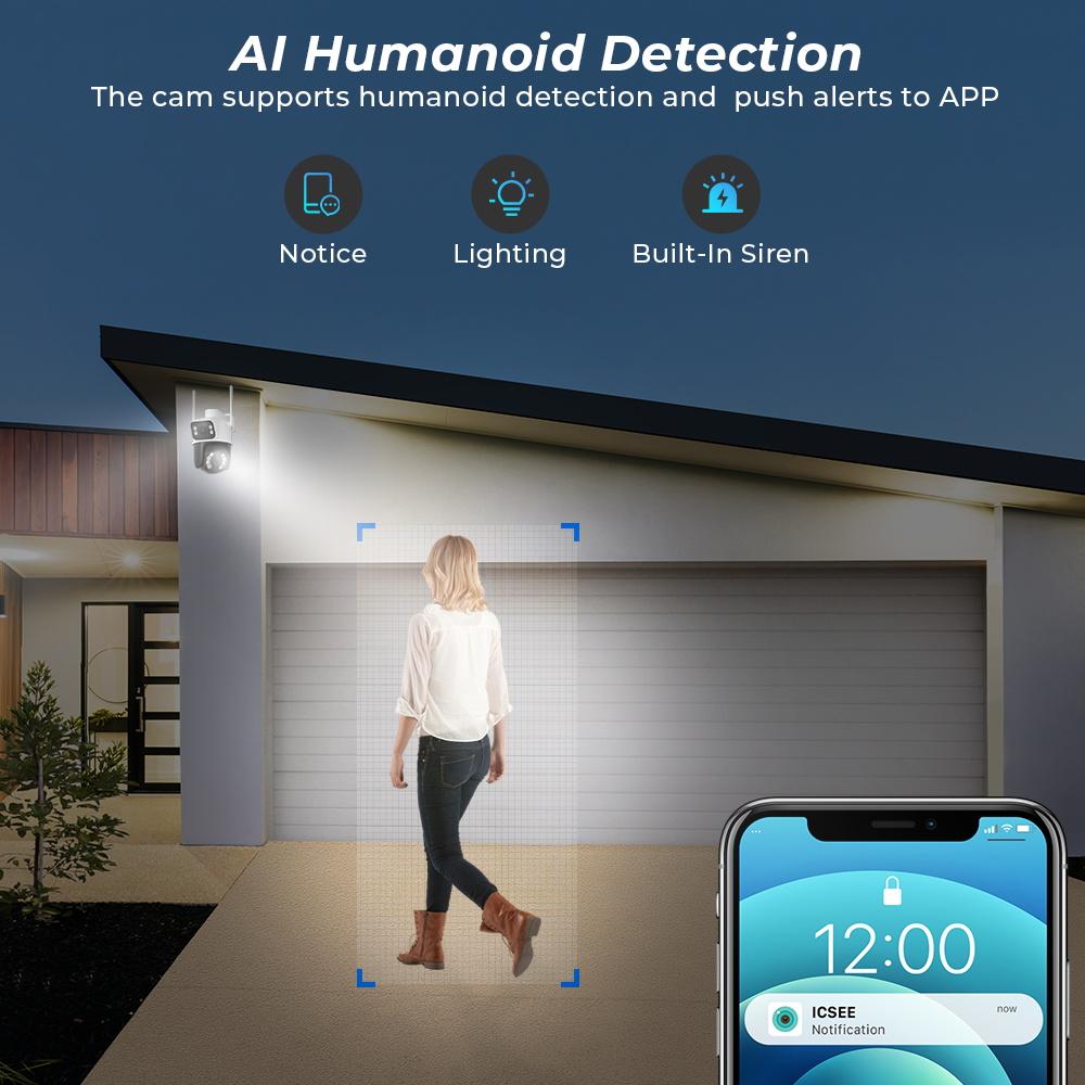 8MP 4K iCSee Wifi Camera Outdoor Dual Lens Dual Screen Ai Human Detection Auto Tracking Security Protection IP Wifi Surveillance