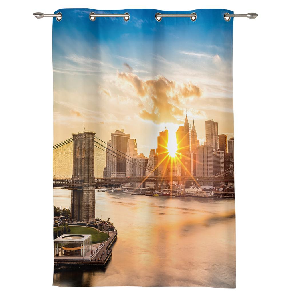 City Sunset Bridge Dusk Building Window Curtain Bedroom Living Room Window Drapes Kitchen Decoration Blinds Curtain
