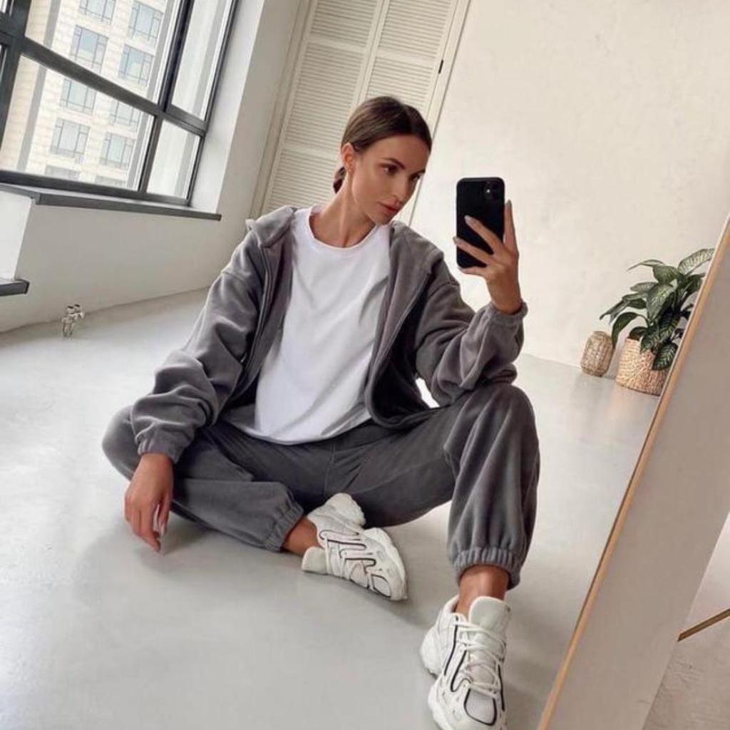 Women Solid Color Long Sleeve Hooded V Neck Hoodies Suit Autumn Winter Loose Top Wide Leg Pants