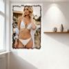 Sexy Blonde Woman Wavy Hair White Bikini Rocky Terrain Beige Building Blue Striped Shawl Metal Tin Sign Vintage Poster for Bar P
