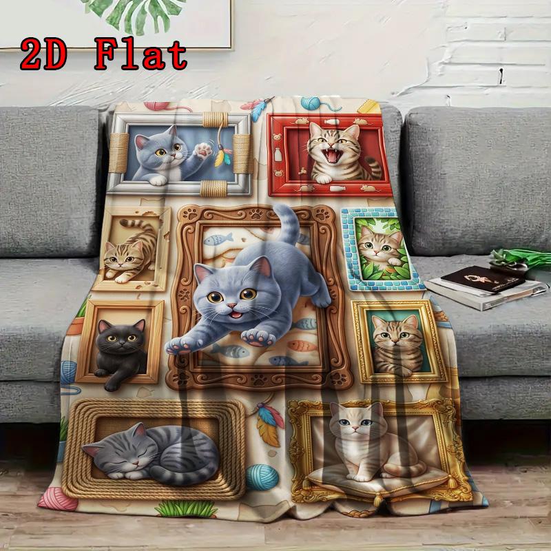 Cat Adventures 2D Flat Pattern Flannel Blanket, High quality All Seasons, Home Decor, Warmth and Comfort, Perfect for Christmas Gifts.