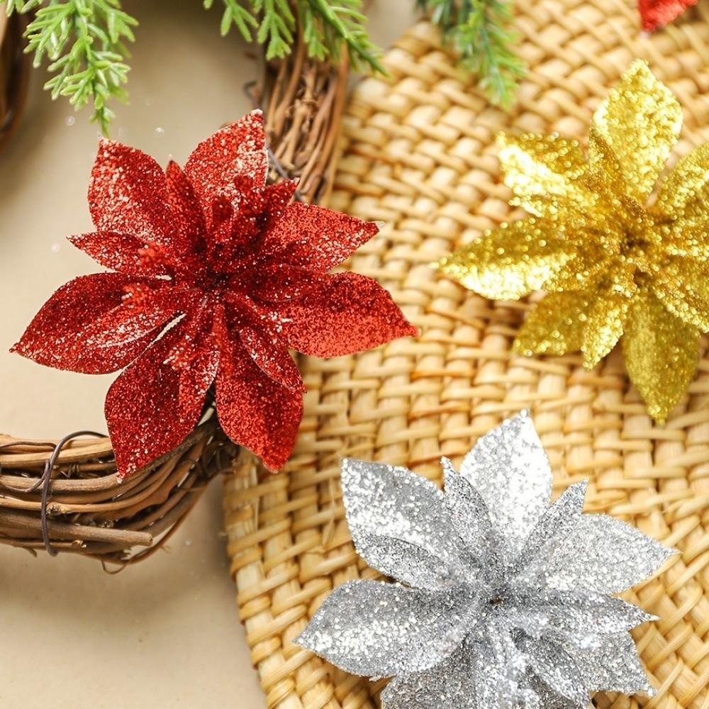 10Pcs Multi-Color Artificial Poinsettia Flowers Sequin Plastic Christmas Flowers Ornaments Holiday