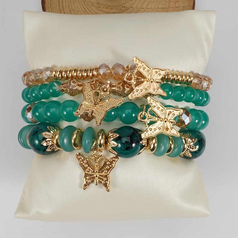 4Pcs Bohemian Butterfly Beaded Bracelets, Crystal Zinc Alloy Pendant, Ladies Daily Party Jewelry