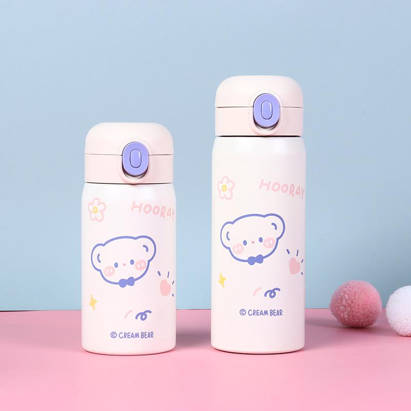 Cute Bear Insulated Water Bottle 304 Stainless Steel Double Wall Vacuum Flask Portable Leak-Proof Travel Mug For Students Kids
