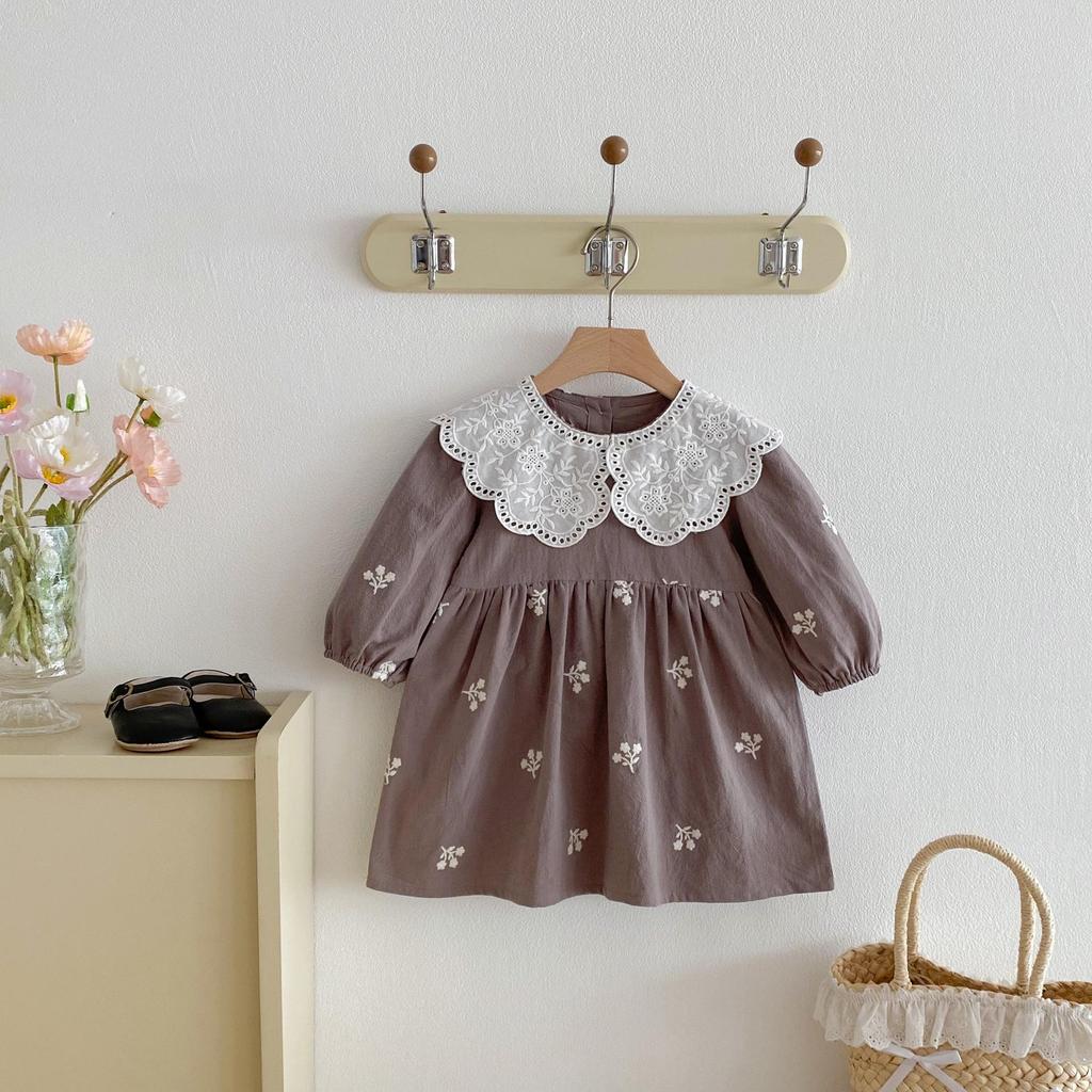 Spitzenrüschenkragen Langarm Stickerei Prinzessinnenkleid für Baby-Mädchen - Frühjahrs-/Herbstkollektion
