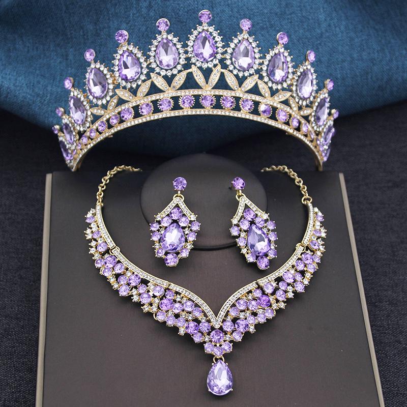 Wspaniałe Królewsko Niebieskie Kryształowe Zestawy Biżuterii Ślubnej Kolorowe Tiary Kolczyki Naszyjniki Zestaw dla Kobiet Suknia Ślubna Korona Zestaw Biżuterii