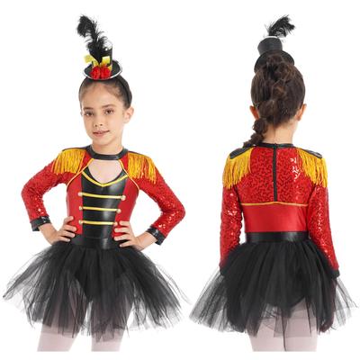 Kids Girls Magician Costume Long Sleeve Sequin Tassel Epaulet Tutu Skirt with Mini Top Hat for Halloween Cosplay
