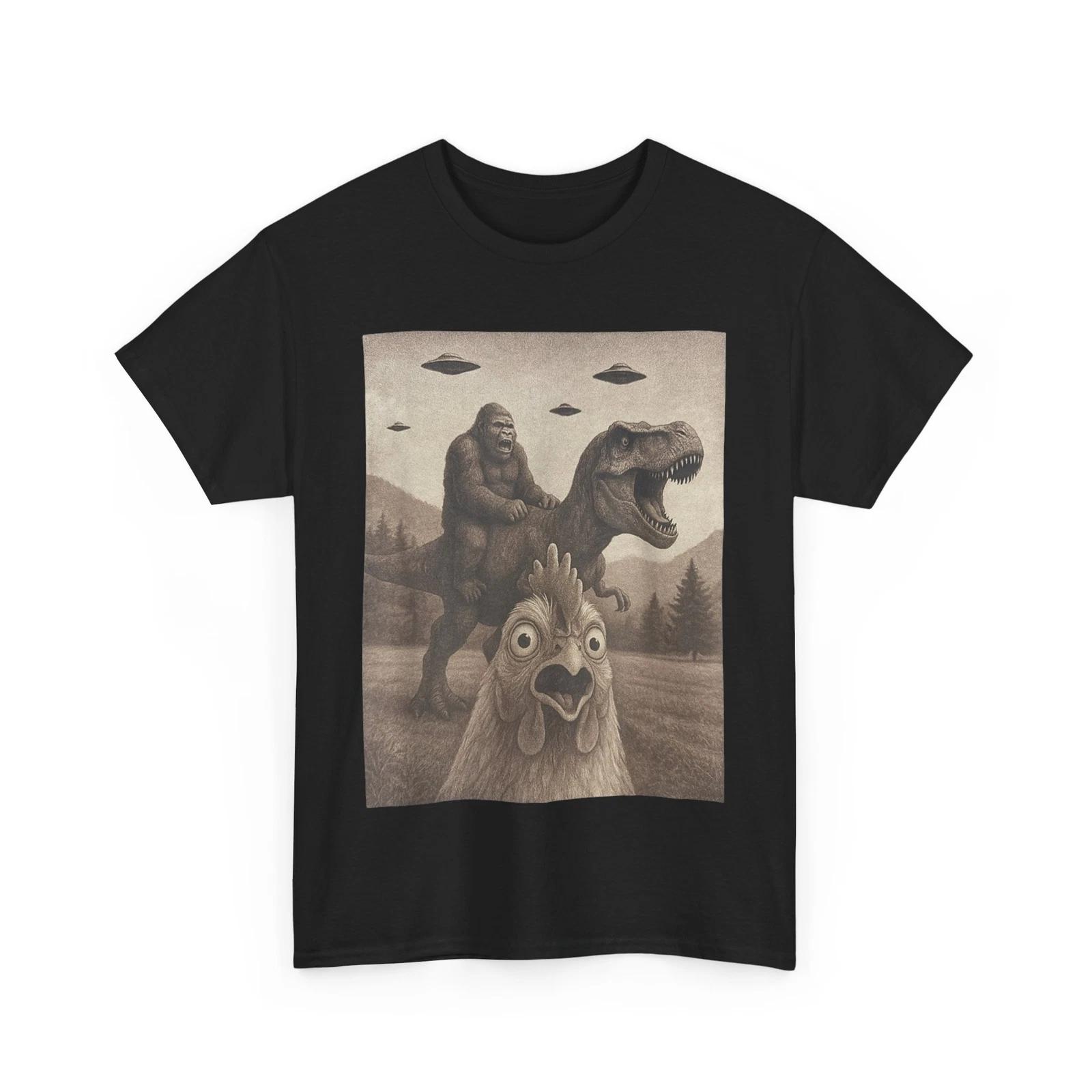Chicken Selfie Bigfoot Riding T rex Women Men Funny T-Shirt S