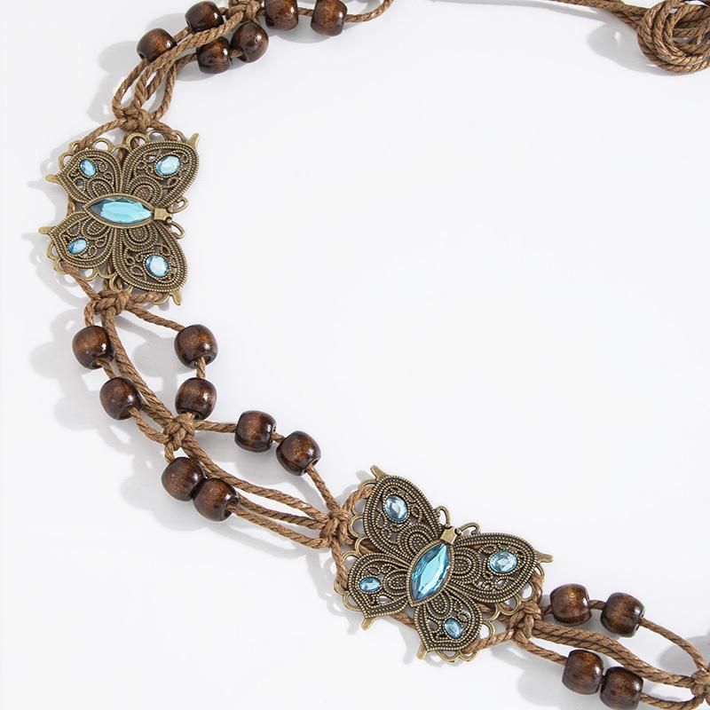 Bohemian Style Butterfly Water Diamond Woven Ethnic Style Handmade Wooden Bead Women's Belt Casual Vacation Style Waist Rope