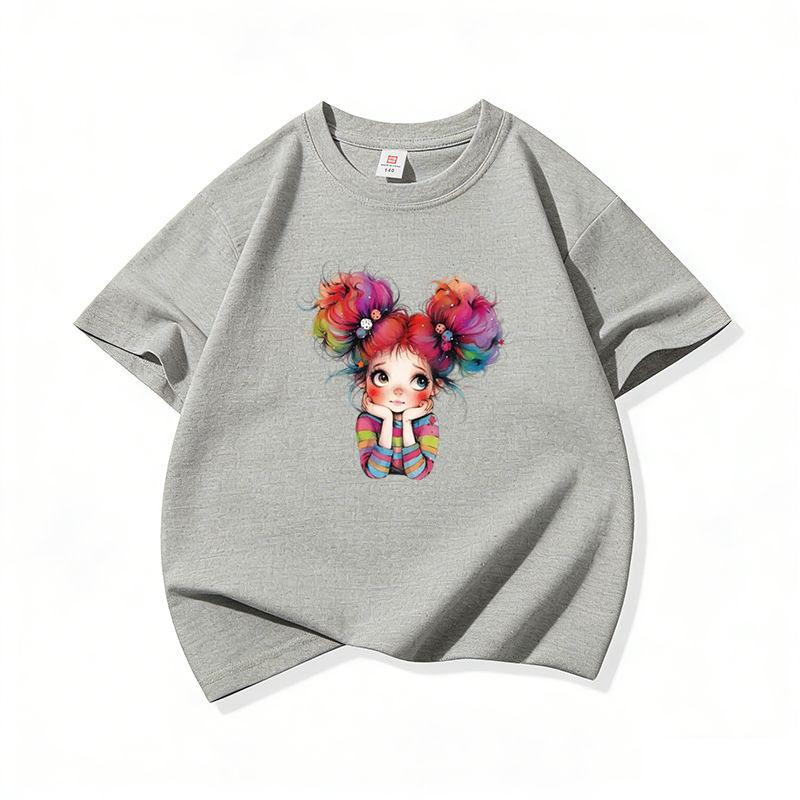 Kids Cotton T Shirt Cheerful Rainbow Hair Girl Graphic Print Crew Neck Short Sleeve Tee Casual Boys Girls Summer Tops
