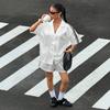 2026 New European and American Style Spice Girl Suit Leopard Print Satin Short-sleeved Shirt + High Waist Striped Shorts, Casual