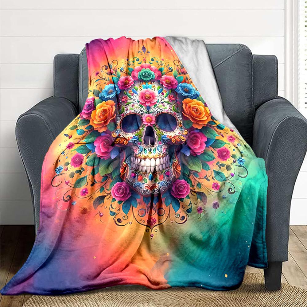1pc Skull Artwork Soft & Warm Polyester Knit Blanket, Digital Printed, All-Season Throw for Napping, Traveling, Sofa yy250906027
