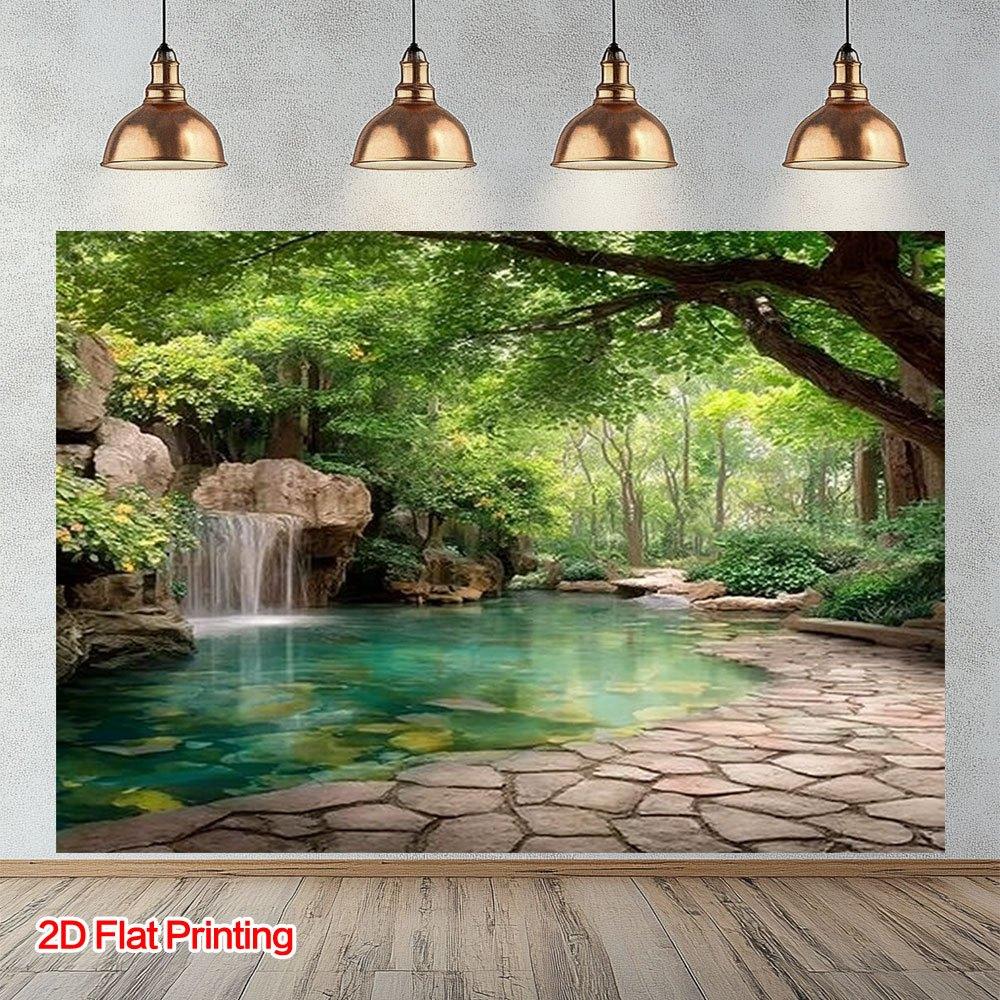 2D Plane 1 Real-shot Serene Forest Waterfall Photography Background - with Polyester Fabric Falling Down Like the Waterfall