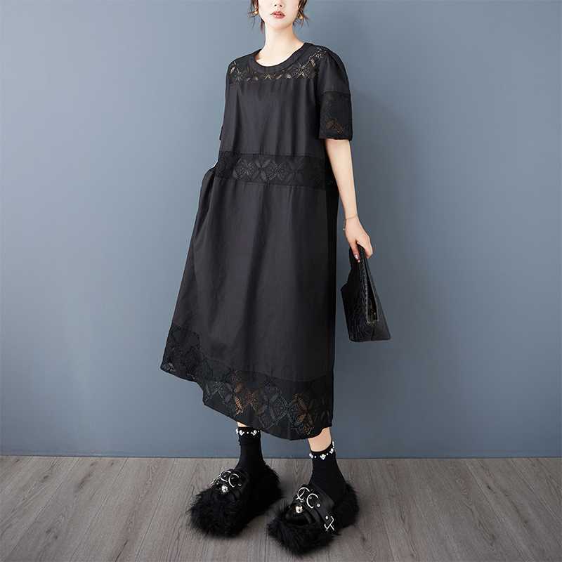 

Женское платье с ажурной вставкой, свободная и модная юбка средней длины One size чёрный