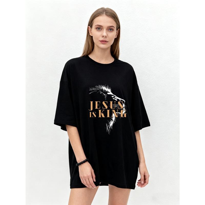 

Oversized T Shirt Black Jesus Is King Graphic Print Religious Statement Casual Wear for Women and Men Streetwear Fashion Unisex Top XXXXL чёрный