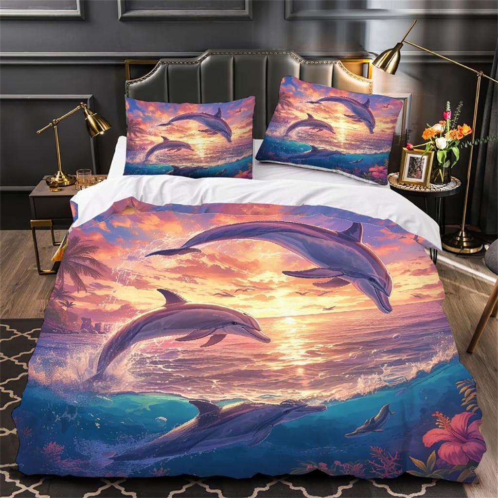 Colorful Dolphin Duvet Cover Set, Soft Comforter Cover With Zipper Closure 2 Pcs,Quilt Cover With Pillowcase For Kids And Adults