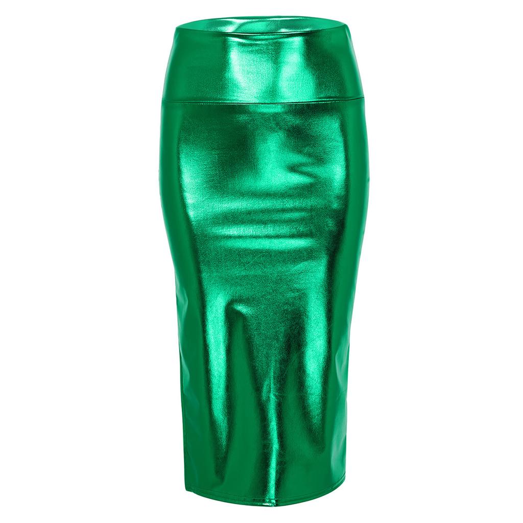 Women Skirts Shiny Metallic High Waist Side Split Midi Bodycon Skirts for Party Night Club