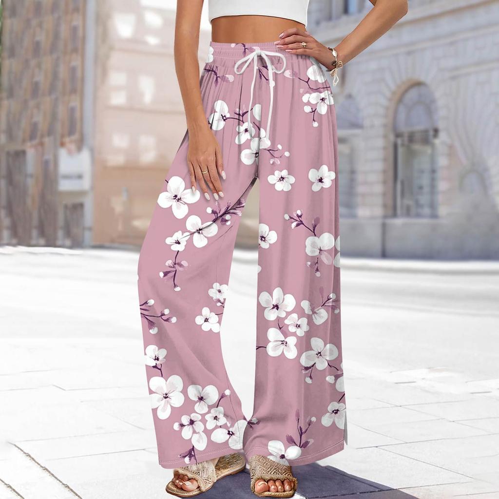 Damen Bedruckte Weitbeinige Hosen mit Taschen Hohe Taille Kordelzug Lockere Freizeit-Hosen