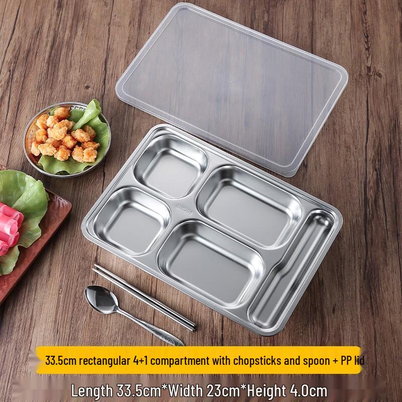304 Stainless Steel 5-Compartment Divided Meal Tray with Lid & Spoon