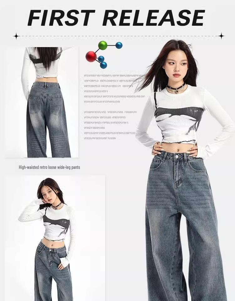 Unisex American Retro High-Waist Wide-Leg Jeans: Spring & Autumn, Loose, Slimming, Drapey, Floor-Length Straight-Leg Style.