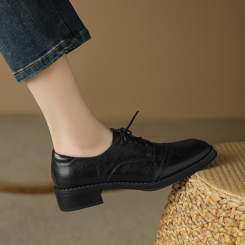 2024 New Vintage Women Pumps Spring Summer Round Toe Thick Heels Mature Shoes Woman Genuine Leather Lace-Up Basic Office Lady